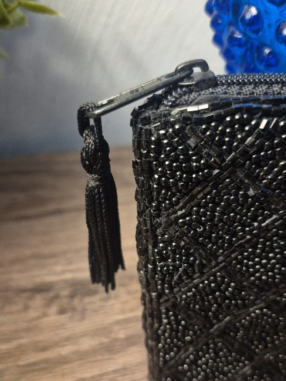 Lancome Small Evening Bag--Black Beaded Tassel Purse, Lined Vintage?